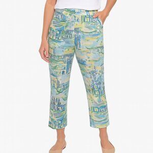 Bentley A Pants Womens 4 Blue Yellow Scenic Print Cropped Capri Bohemian Coastal